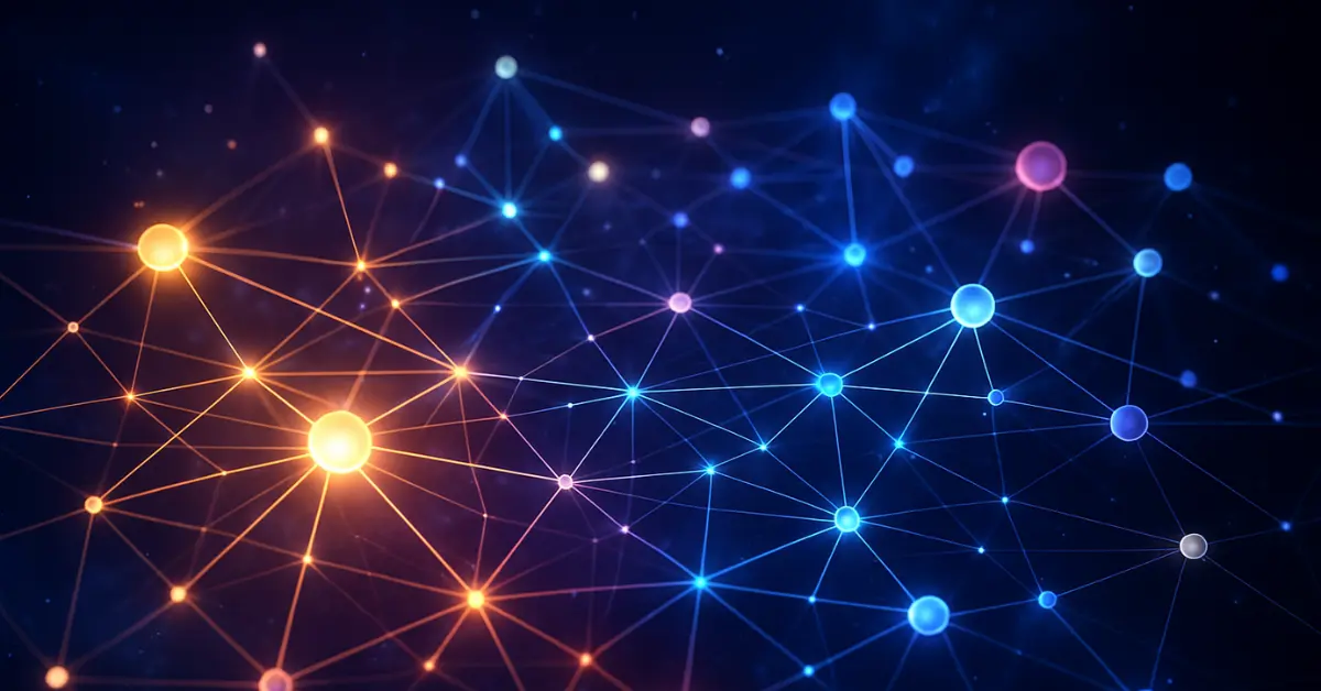 A 3D digital cosmic web with glowing nodes and connecting lines representing the links between scientific laws and spiritual principles in the universe.


