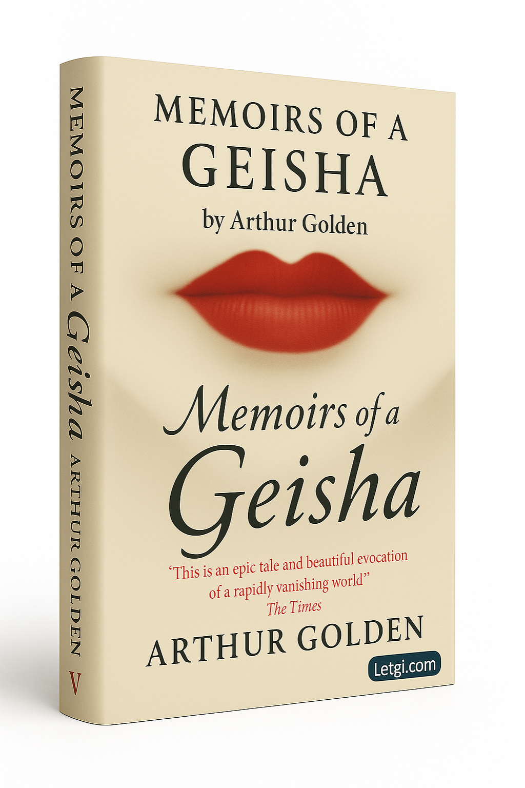3D book cover of Memoirs of a Geisha by Arthur Golden featuring red lips and cream background with Letgi.com digital edition branding