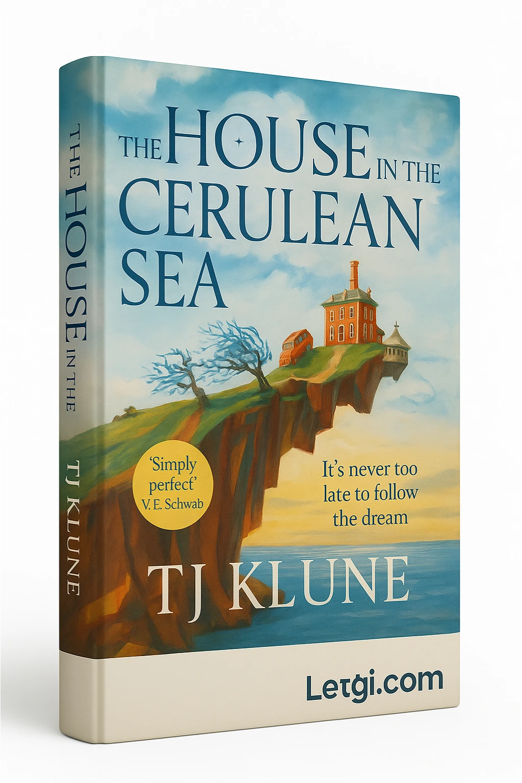 3D digital cover of The House in the Cerulean Sea showing a whimsical island landscape with colorful fantasy elements and title text.