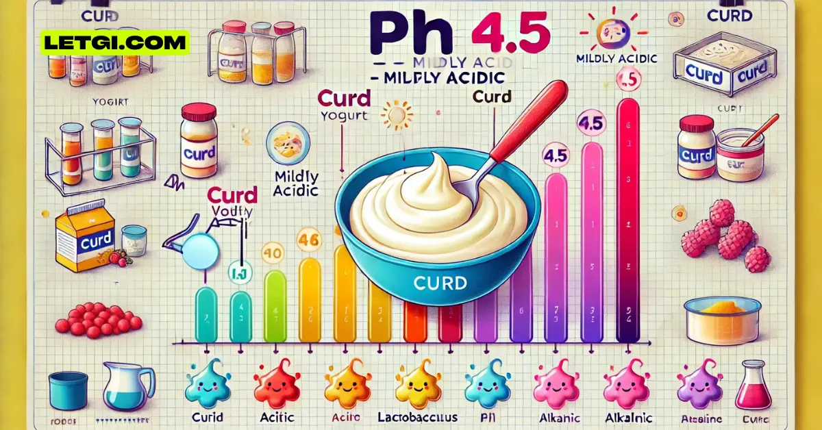 Infographic showing the pH value of curd, featuring a bowl of curd on the left, a horizontal pH scale with a marker at 4.5 in the center, and the website letgi.com displayed in the top right corner on a clean white and blue background.