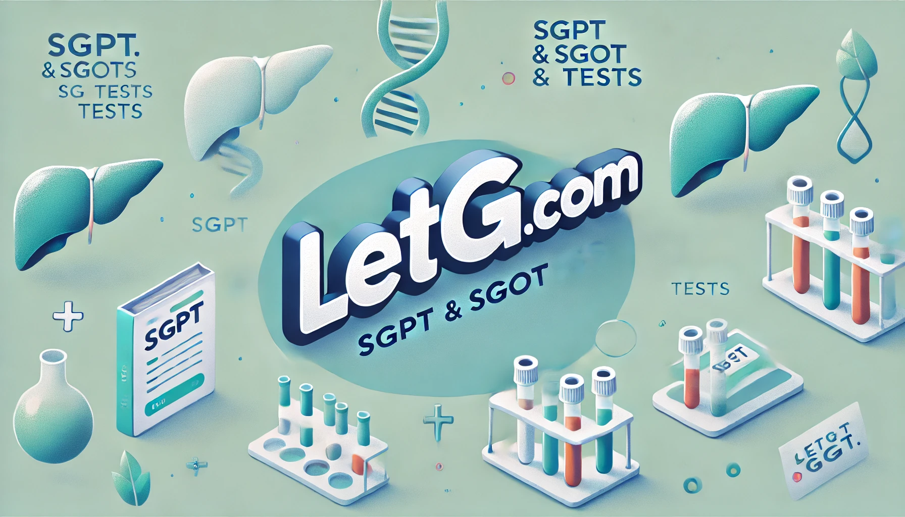 SGPT and SGOT High Levels medical banner with liver health representation, blood testing equipment, and 'letgi.com' branding.