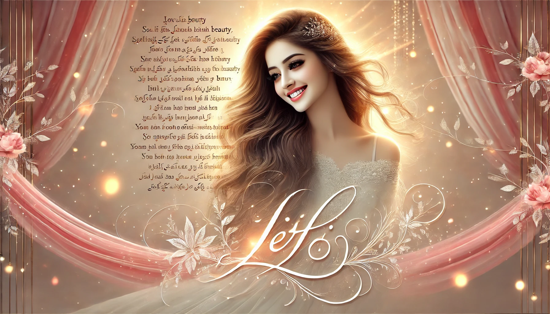 Romantic banner with a glowing smile girl, sparkling eyes, poetic shayari in background, and 'letgi.com' branding.