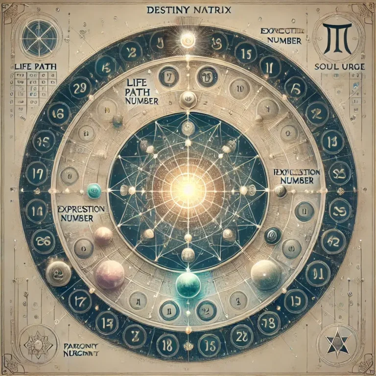 A circular, mystical-looking “Destiny Matrix” chart with glowing geometric patterns. A radiant light sits at the center, surrounded by multiple concentric rings filled with numbers, symbols, and labeled sections such as Life Path Number, Soul Urge, Expression Number, and Personality Number. Gold, indigo, and white accents give the chart a spiritual, cosmic aesthetic. Lines and nodes link the elements like a sacred geometric grid.