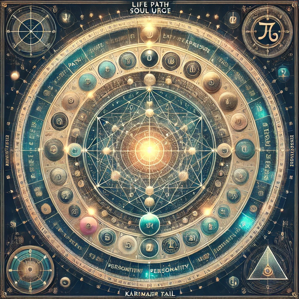 A luminous, multi-layered Destiny Matrix chart featuring a glowing central orb surrounded by complex sacred geometry. Concentric rings display numerology categories such as Life Path, Soul Urge, Expression, and Personality numbers. Ancient cultural motifs inspired by Babylon, Egypt, Greece, and Kabbalah appear subtly around the edges. A triangular symbol at the bottom represents the three-number Karmic Tail. The artwork uses gold, indigo, and white tones with star-like nodes and mystical symbols.
