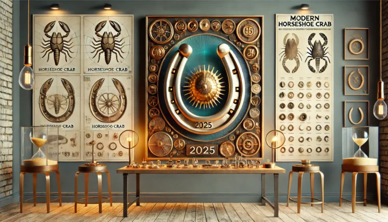 A wide workshop-style scene featuring a polished metal horseshoe mounted on a wooden board, surrounded by engraved name plates, decorative luck symbols, and a stylized horseshoe crab displayed in a scientific frame. Warm lighting highlights the mix of craftsmanship, cultural symbolism, and scientific inspiration.