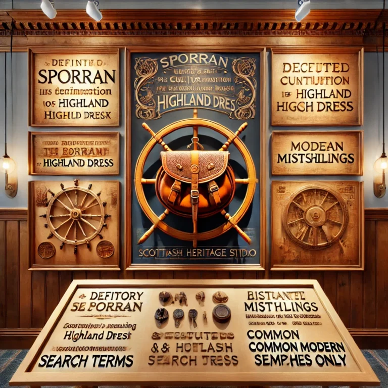 A museum-style Scottish heritage display centered around a handcrafted leather sporran mounted on a wooden and brass frame. Surrounding plaques feature decorative text about the sporran’s definition, its role in Highland dress, and common misspellings, all arranged like an educational exhibit in a traditional workshop setting.