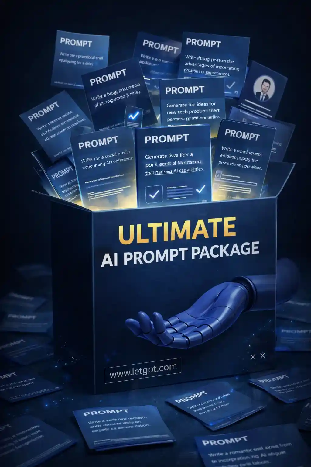 Dark blue 3D box labeled “Ultimate AI Prompt Package” with floating AI prompt cards and a robotic hand emerging from the box in a futuristic setting.