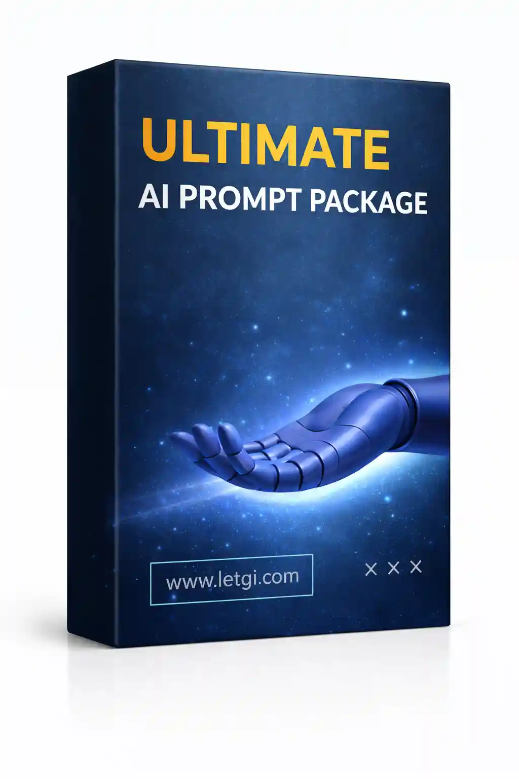 3D digital product box labeled “Ultimate AI Prompt Package” with a glowing robotic hand on a futuristic blue background.