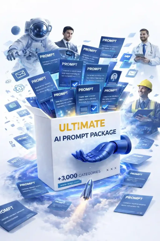 Ultimate AI Prompt Package box with floating AI prompt cards, robotic hand, rocket launch, and professionals including astronaut, doctor, businessman, and engineer.